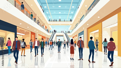 People walking in shopping mall. Customers, buyers, purchasers in retail store, shoppers multi-story center. Modern interior panorama with escalator, showcases, floors. Flat vector illustration