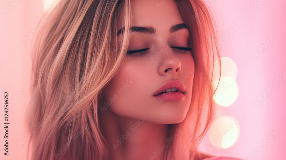 Fototapeta premium Serene blonde woman, pink backdrop, lights, beauty portrait