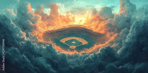 Baseball stadium nestled among fluffy orange and teal clouds photo