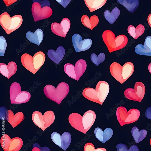 A repeating pattern showcases watercolor hearts in shades of pink, red, blue, and purple scattered against a dark navy background, creating a vibrant and affectionate design.