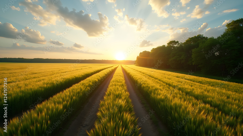 Golden Wheat Field at Sunset: Scenic Rural Landscape with Sun Rays, Countryside Agriculture, Harvest Season, and Tranquil Nature Scenery Golden Wheat Field at Sunset: Scenic Rural Landscape with Sun Rays, Countryside Agriculture, Harvest Season, and Tranquil Nature Scenery