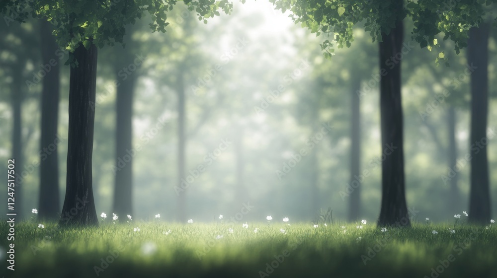 Obraz premium Sunlit forest path, tranquil nature scene, green grass, peaceful background, ideal for relaxation