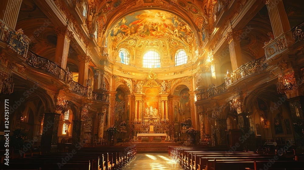 Obraz premium A beautifully lit church interior showcasing ornate architecture and decor.
