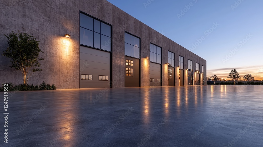 Modern warehouse sunset; loading docks; industrial park; business