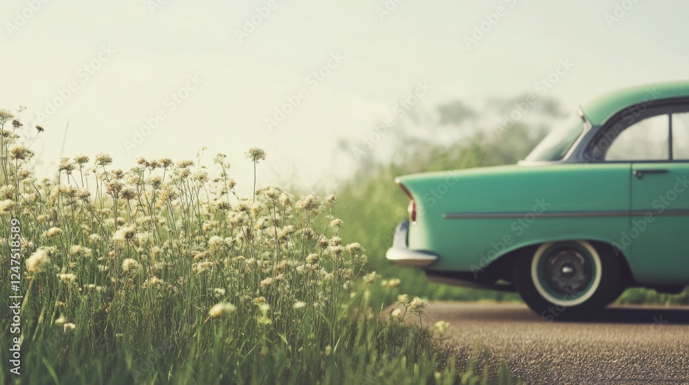 Fototapeta premium Vintage car road trip, summer field background