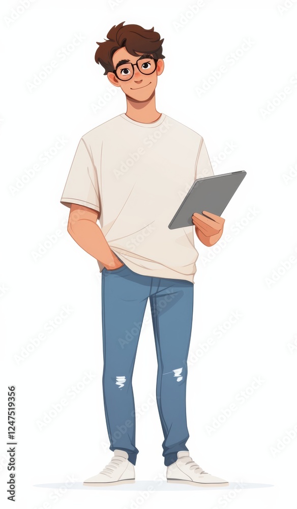 Smiling man standing and holding a tablet, wearing blue jeans and a t-shirt Smiling man standing and holding a tablet, wearing blue jeans and a t-shirt