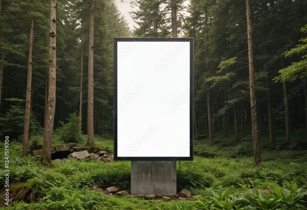 A blank billboard stands in a verdant forest, surrounded by tall trees and ferns, with a mossy rock in the foreground, creating a serene and tranquil scene A blank billboard stands in a verdant forest, surrounded by tall trees and ferns, with a mossy rock in the foreground, creating a serene and tranquil scene