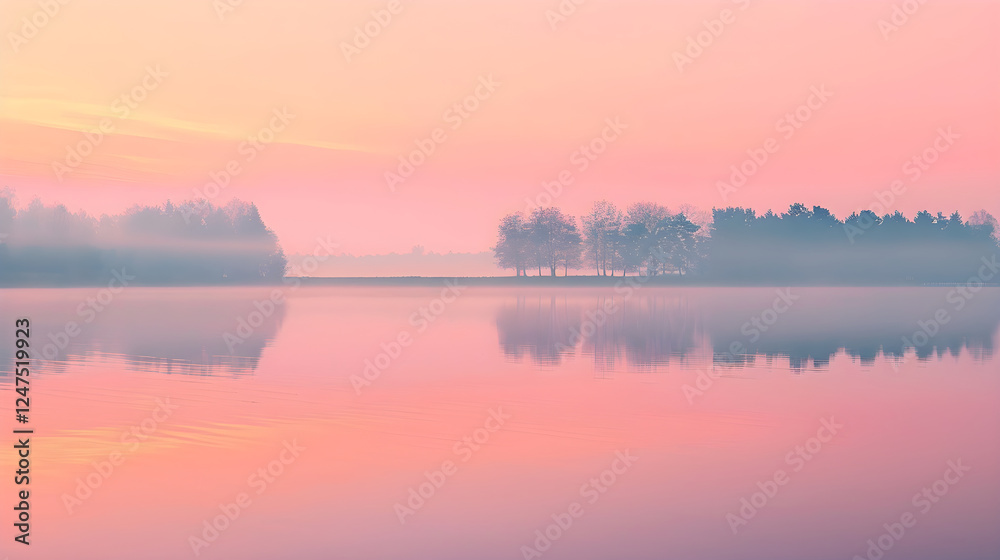 Fototapeta premium Serene Sunrise over a Quiet Lake: A Celebration of Nature's Tranquil Beauty in High Definition