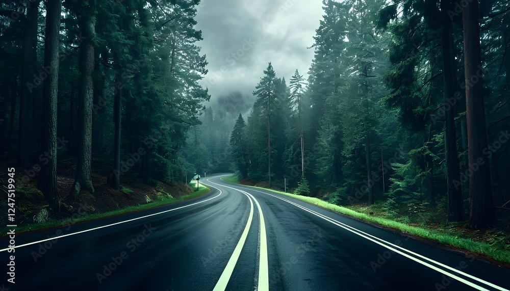Fototapeta premium Serene Curved Road Through Dense Forest Under Overcast Sky
