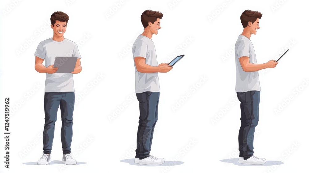 Obraz premium Happy man holding a tablet, smiling