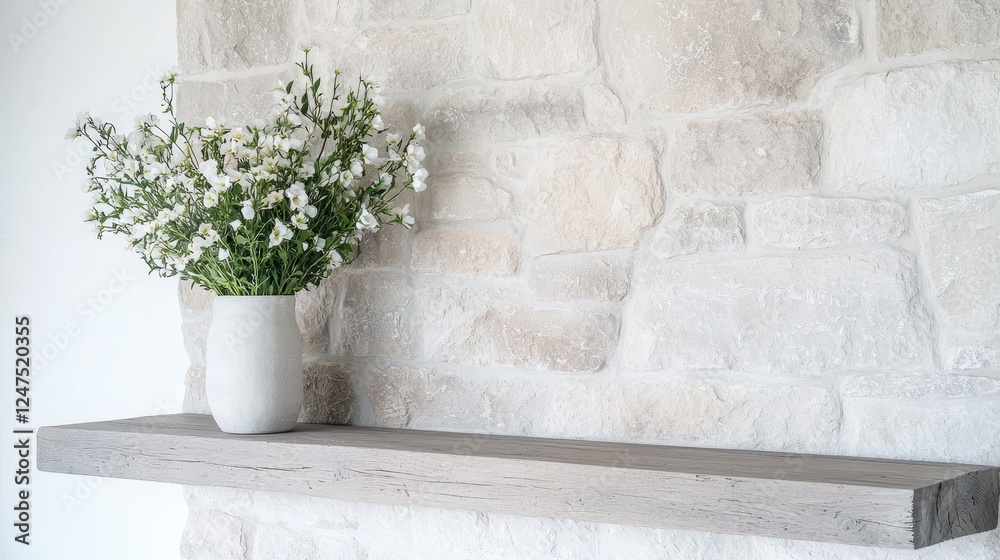 White flowers vase on mantel, stone wall background, home decor