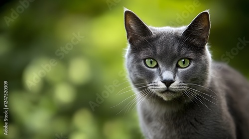 緑の瞳を持つグレーの猫