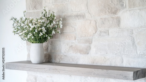 White flowers vase on mantel, stone wall background, home decor