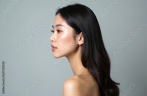 Beautiful young Asian woman with long shiny dark brown hair in profile view against plain gray background. Natural beauty, healthy hair highlighted. Face, shoulders smooth, flawless. Fashionable,