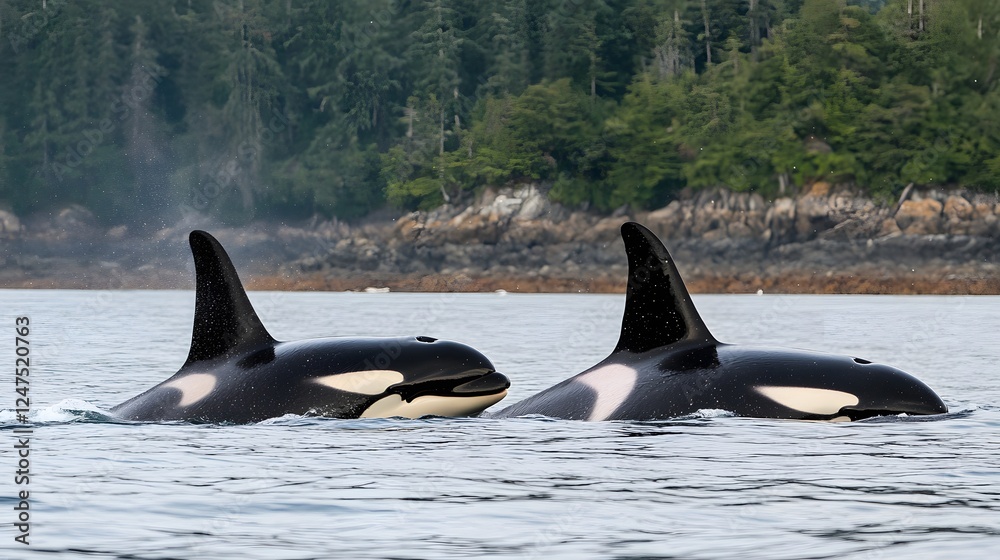 Obraz premium 自然の中を泳ぐシャチの親子