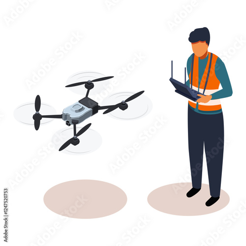 isometric drone operator with remote control controls drone, vector illustration