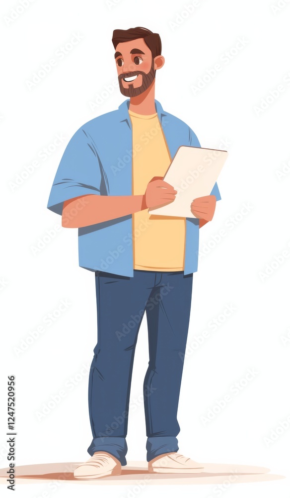 Man holding a tablet, smiling in a minimalist flat design, full-body portrait, wearing blue jeans and a short-sleeved shirt Man holding a tablet, smiling in a minimalist flat design, full-body portrait, wearing blue jeans and a short-sleeved shirt