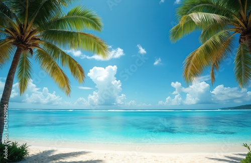 Fototapeta Naklejka Na Ścianę i Meble -  Tropical paradise beach scene with azure ocean water and palm trees. Sunny day on a beautiful island. Calm waves gently lap on the shore. White sand beach perfect for relaxation and travel.