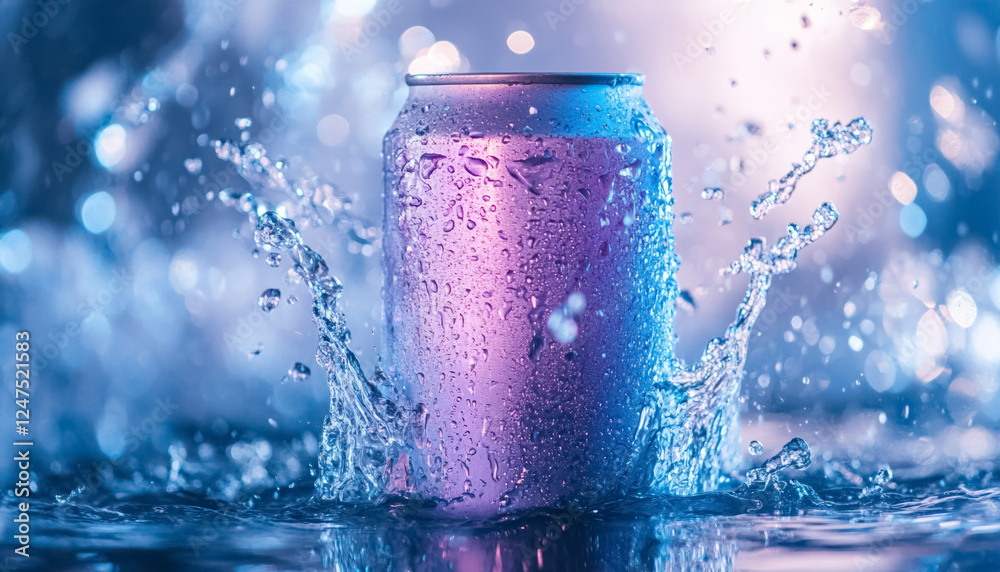 cold colorful metallic soda can in splashing water and with drops of condensate, fresh drink in liquid, advertising mock-up cold colorful metallic soda can in splashing water and with drops of condensate, fresh drink in liquid, advertising mock-up