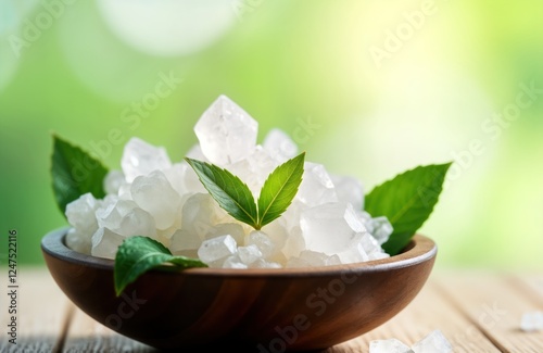 White camphor crystals displayed in wooden bowl. Green leaves placed on top of crystals. Natural aroma therapy setup perfect for spa wellness concept. Photo shows beauty, relaxation. Eco friendly