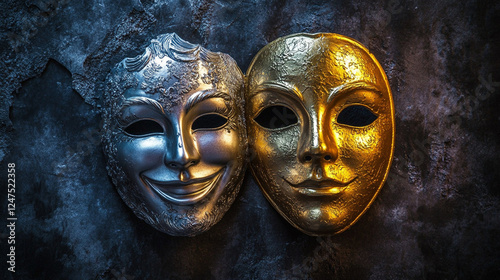 Ornate metallic masks featuring intricate gold and blue designs, artistic theatrical expression photo