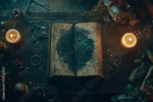 An old magic book and a pocket watch, illuminated by a candle's flame, are positioned on a wooden table, with blank space nearby to accommodate more text, making it a spell book.