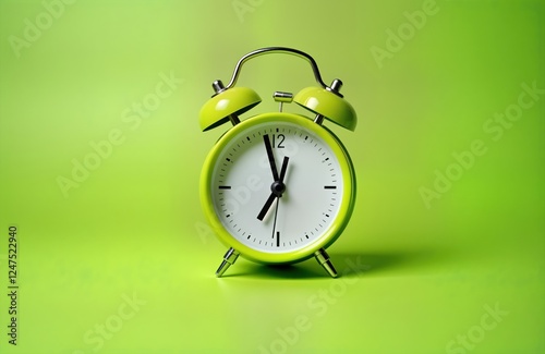 Bright lime green alarm clock shows time. Simple vintage design. Retro style. Minimalist design. Great for business, morning, deadline, and retro concepts. Focus is on clock face. Timeless classic. photo