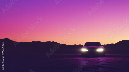 car with bright headlights stands in desert at dusk, surrounded by stunning gradient of purple and pink hues in sky. scene evokes sense of adventure and tranquility