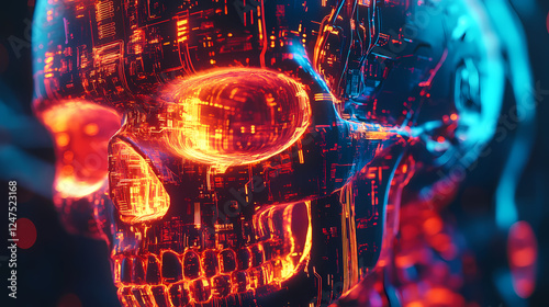 Tech-infused skull with glowing circuits and mechanical features, embodying the concept of post-human cyberpunk future, cyberpunk future, digital augmentation. Post-Human Evolution. Illustration photo