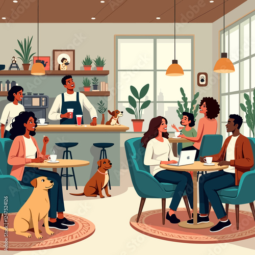 Dog Friendly Cafe Vector Images. Coffee shop scenes with barista prepares drinks. People chat, relax and work under stylish decorations. Dog owners and their dogs enjoy tea.