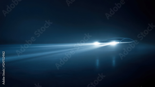 car headlights cutting through foggy night, creating mysterious atmosphere. soft glow illuminates dark surroundings, enhancing sense of speed and adventure