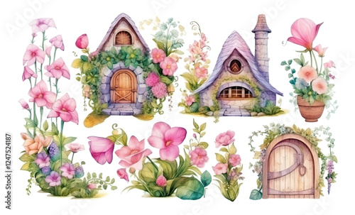 Set of fairy house and flowers clipart element, transparent background
