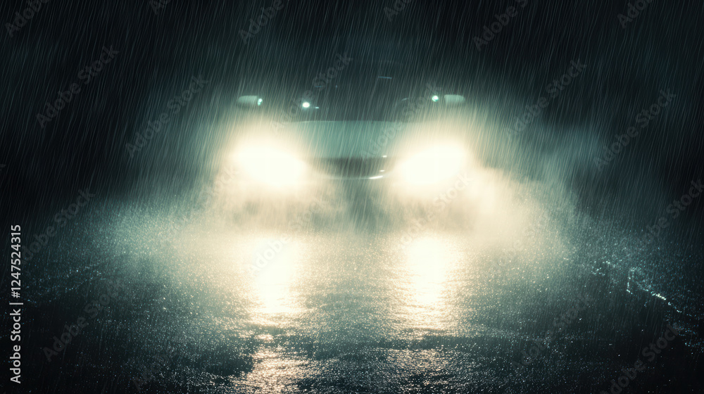 Obraz premium car headlights cutting through heavy rainstorm, illuminating wet road ahead. scene evokes sense of mystery and intensity as rain pours down