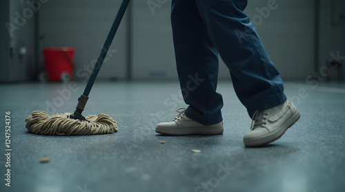 Mop Cleaning Floor: Janitor Mopping in Industrial Setting, Close-Up of Mop and Shoes, Workplace Hygiene, Cleaning Service, Stock Photo photo