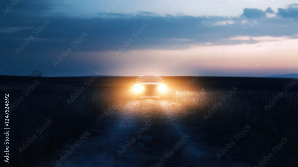 car headlights illuminating path through dark field at dusk, creating mysterious and serene atmosphere. scene captures beauty of nature and allure of adventure car headlights illuminating path through dark field at dusk, creating mysterious and serene atmosphere. scene captures beauty of nature and allure of adventure