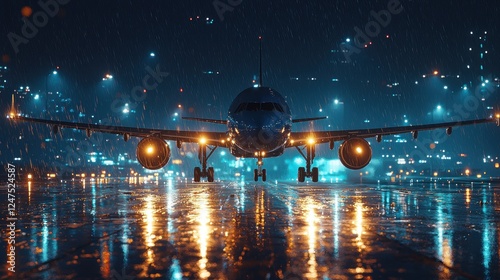 Night Flight: Airplane on Rainy Runway