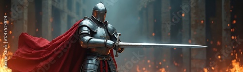 Templar knight in shining armor holds gleaming sword. Red cape billows. Powerful pose. Fiery background suggests battle. Medieval bravery. Ready to fight. photo