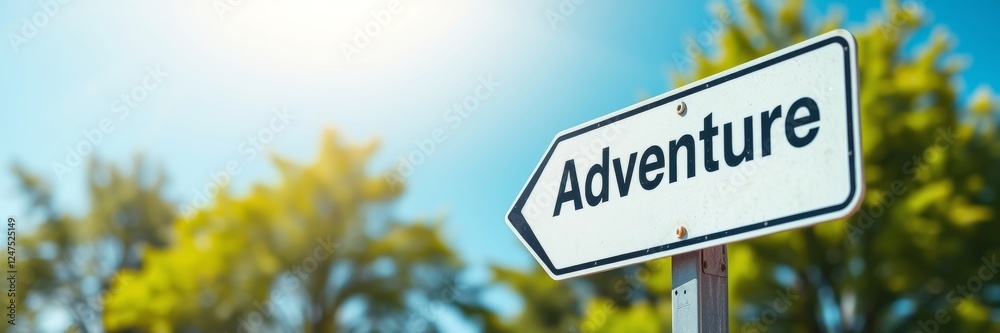 Adventure Signpost in Nature Depicting Excitement and Exploration Under a Clear Blue Sky with Lush Green Foliage Surrounding the Area Adventure Signpost in Nature Depicting Excitement and Exploration Under a Clear Blue Sky with Lush Green Foliage Surrounding the Area