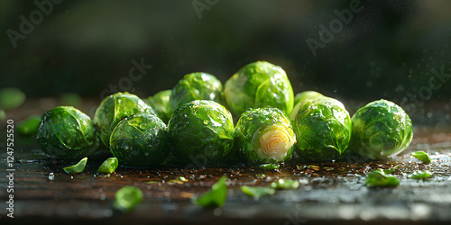 Vibrant Green Brussels Sprouts: Nutritious Organic Vegetables for Healthy Cooking and Gourmet Meals - Fresh Produce, Earthy Texture, and Vibrant Details in Culinary Art and Photography