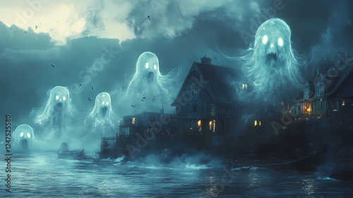 Ghostly sea creatures haunt coastal village on all hallows eve with eerie surrealist atmosphere. Cosmic Horror Influences. Illustration photo