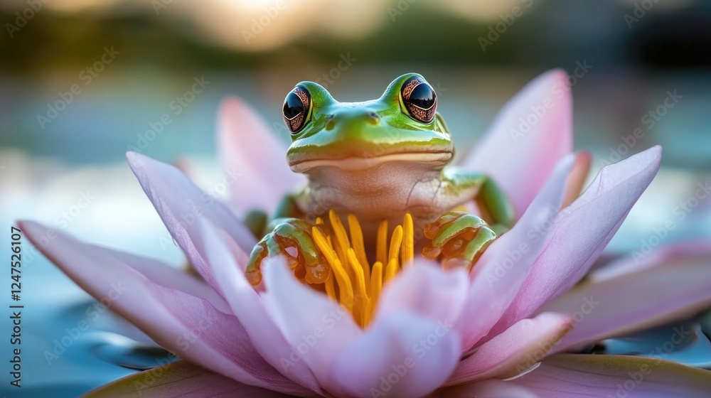 Green frog perched on pink lily in tranquil pond setting Green frog perched on pink lily in tranquil pond setting
