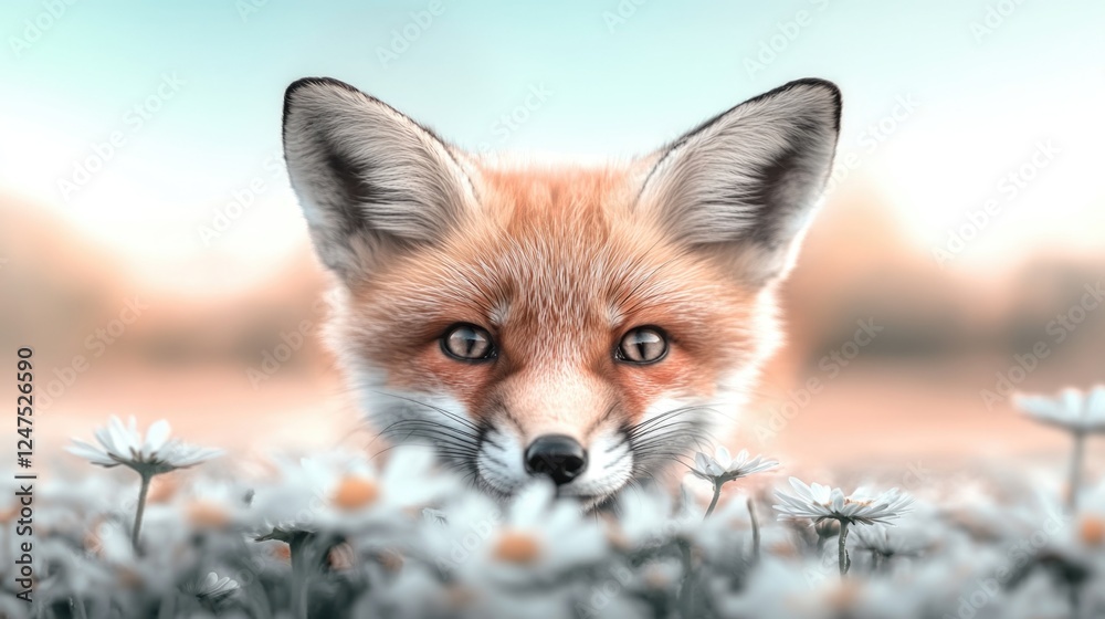 Curious fox amidst daisies in serene meadow Curious fox amidst daisies in serene meadow