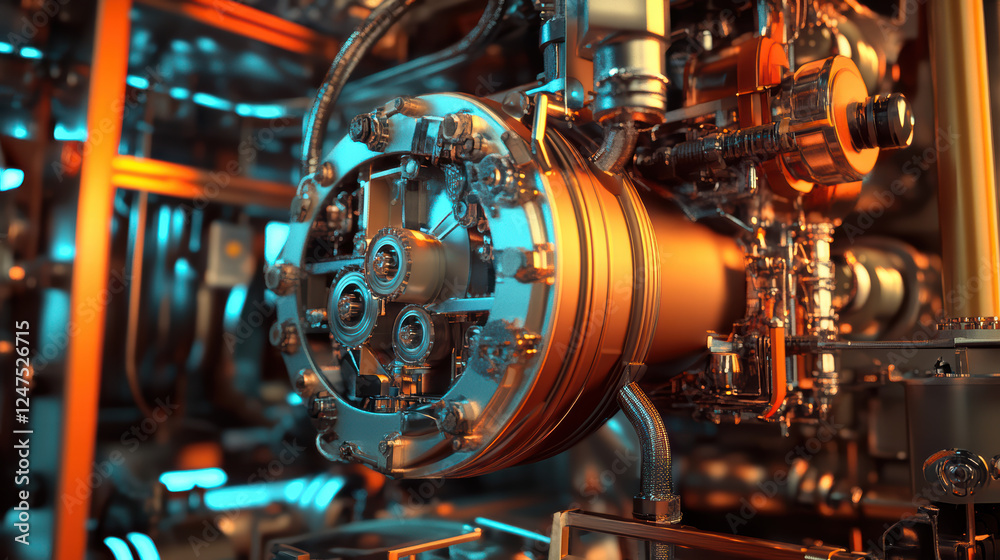 detailed view of mechanical engine component showcasing intricate design and motion. metallic surfaces reflect vibrant colors, creating dynamic and futuristic atmosphere detailed view of mechanical engine component showcasing intricate design and motion. metallic surfaces reflect vibrant colors, creating dynamic and futuristic atmosphere