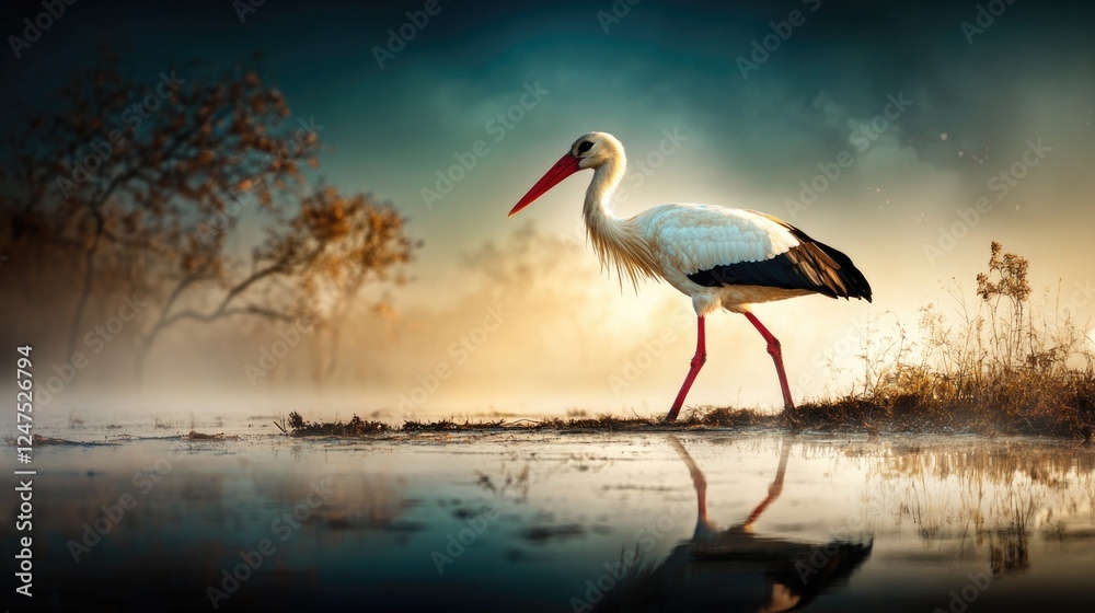 Fototapeta premium Stork in tranquil wetland at dusk with golden light and reflective water
