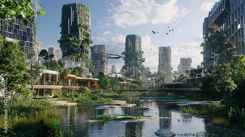 An ecologically clean city of the future is imagined through generative AI technology.
