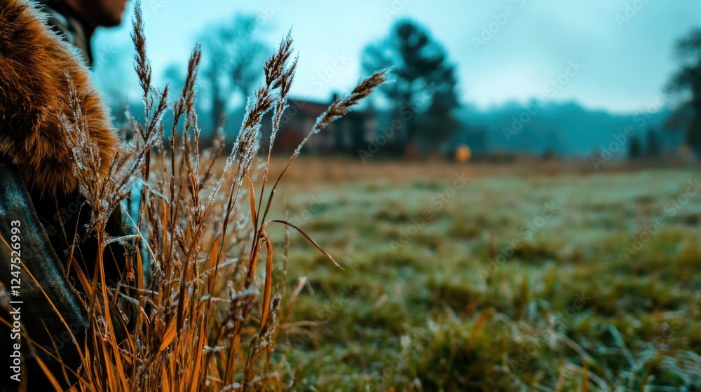 Fototapeta premium Frosty morning field with dew-covered grass and misty landscape view