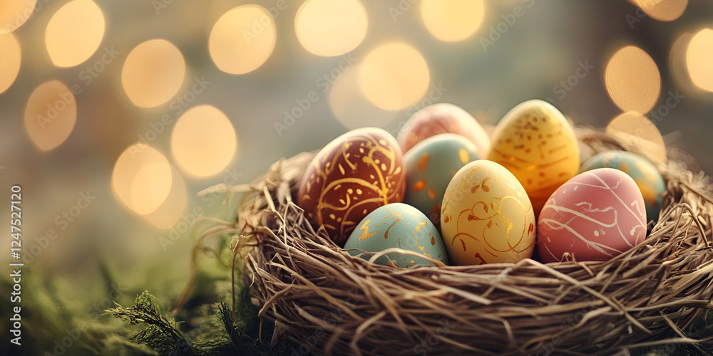 Obraz premium Painted Eggs Arranged Neatly in a Straw Nest with Festive Colors