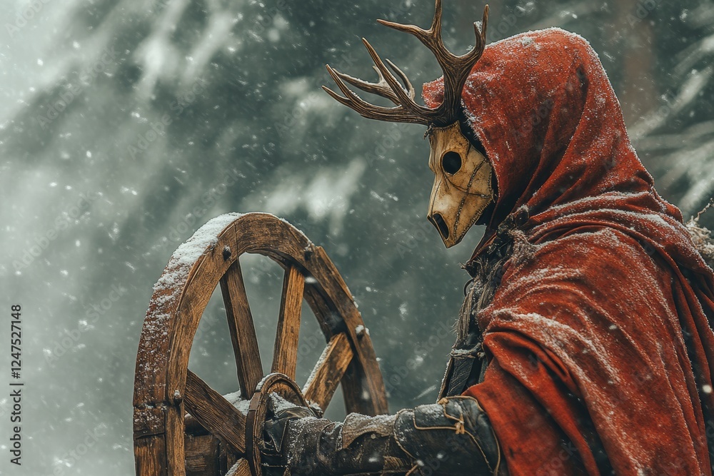 Fototapeta premium On a blurred winter landscape, a shaman in a horned animal skull and red cloak is involved in a mystical death ritual. The scene includes sacred objects from ancient pagan rites, hinting at Slavic or