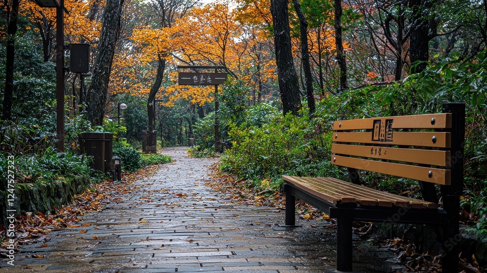 A serene park pathway lined with autumn foliage and a wooden bench. A serene park pathway lined with autumn foliage and a wooden bench.