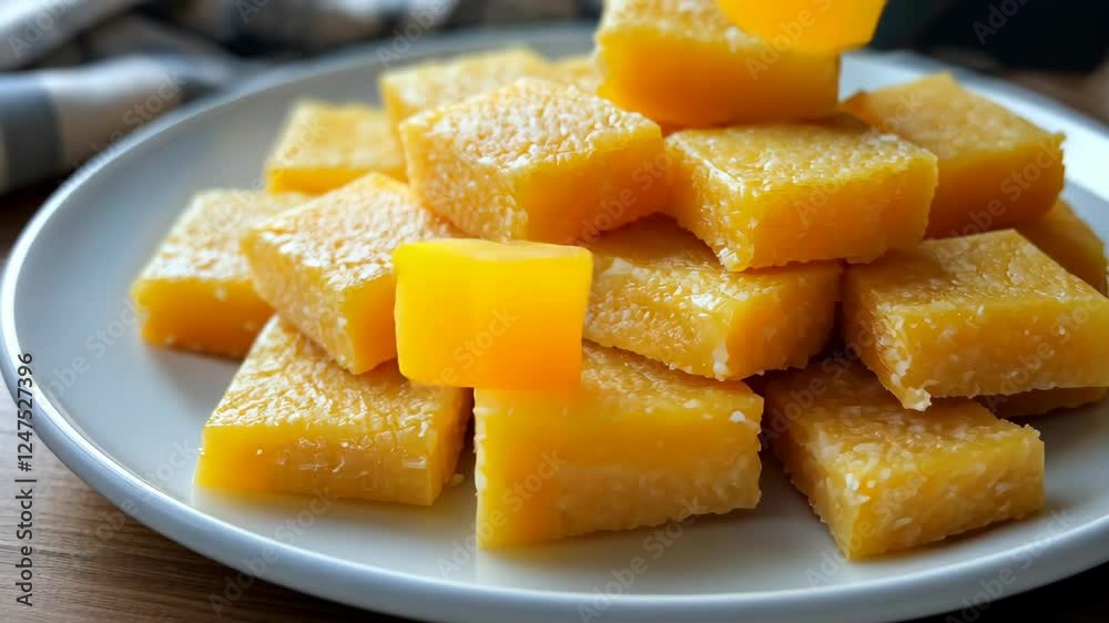 Traditional Indian Sweet Burfi in a Bowl, Close-Up. High quality 4k footage Traditional Indian Sweet Burfi in a Bowl, Close-Up. High quality 4k footage